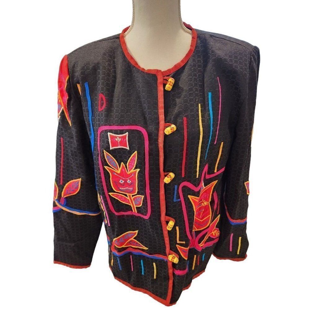 Vintage 90s Julia Kim Oversized Floral Tulip Jacket S Boho Wearable Art